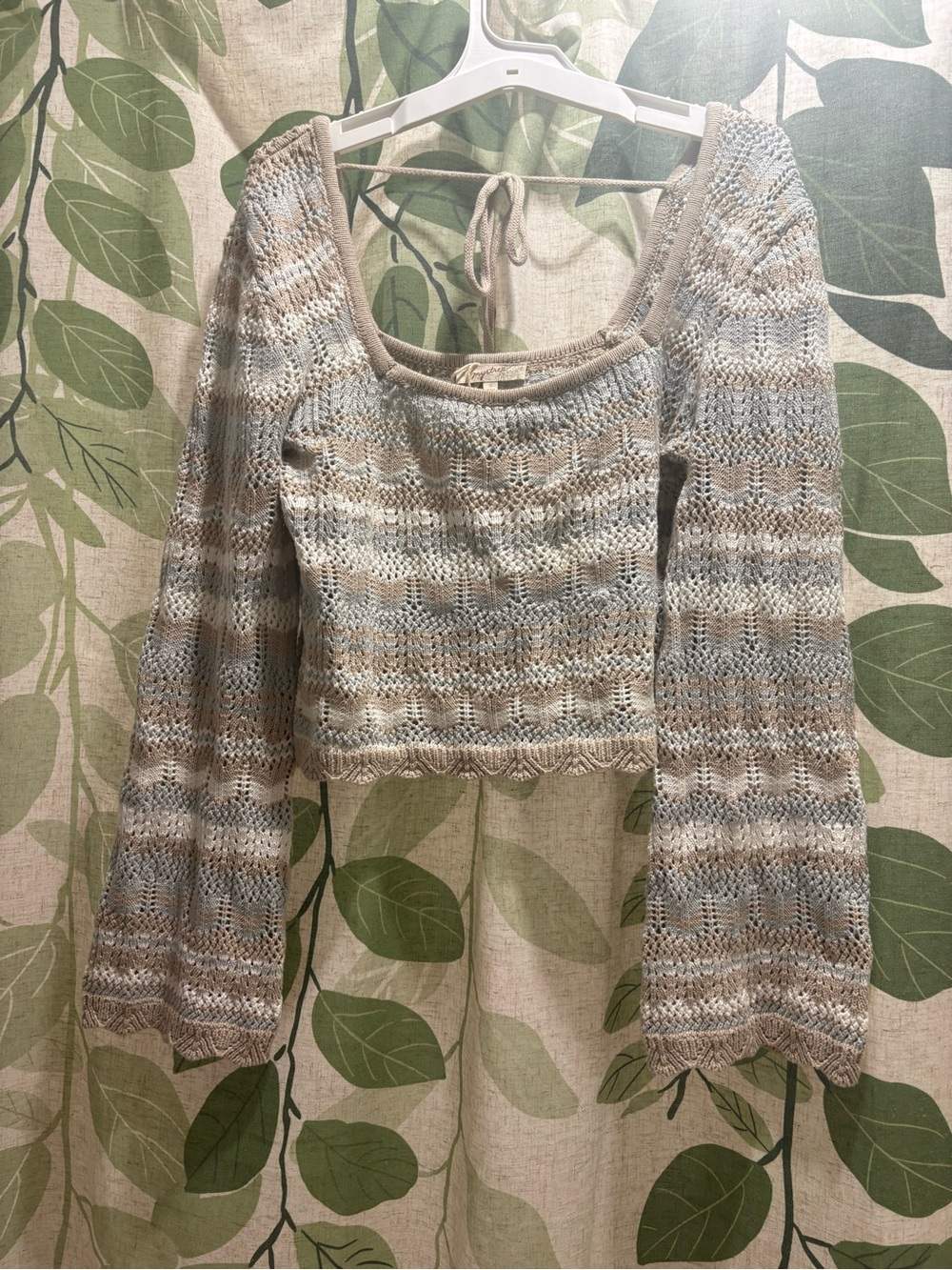 Mystree Striped Crochet Scoop-Neck Crop Top in Beige & Light Blue